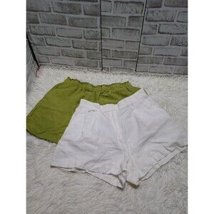 H&M Lot Of 2 Linen Blend Paperbag Waist Shorts Green/White Sz Large